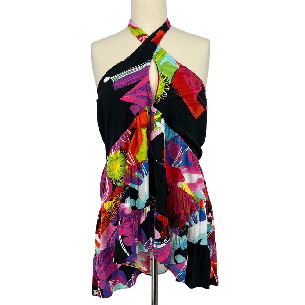 Jams World Caviar Halter Top Large Tiered Babydoll Empire Artsy Print Hawaii USA